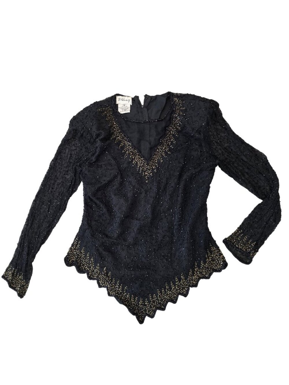 Vintage Stenay Black Beaded Silk Blouse With V-Neck & Scalloped Hem Size M